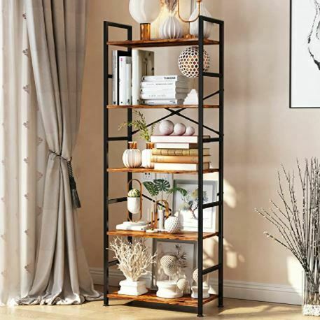 Types of Bookcases: 5-Tier Tall Bookcase, Rustic Wood and Metal Standing Bookshelf