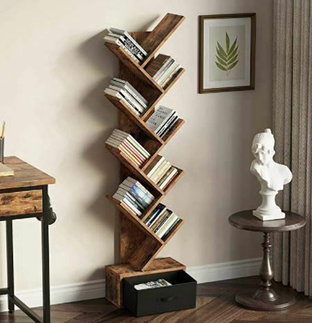 Types of Bookcases: Rolanstar Tree Bookshelf with Drawer, 8 Shelf Rustic Brown Bookcase